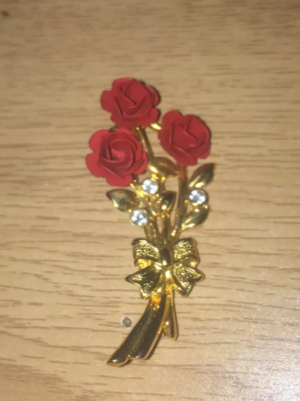 Gold Tone Red Rose Brooch with Rhinestones Fashion Jewelry Estate 80s - Image 2