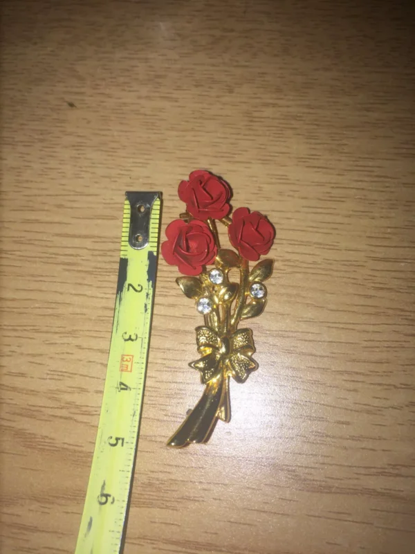 Gold Tone Red Rose Brooch with Rhinestones Fashion Jewelry Estate 80s - Image 6