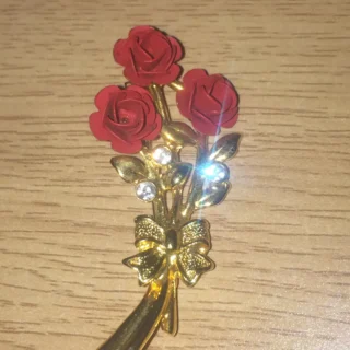 Gold Tone Red Rose Brooch with Rhinestones Fashion Jewelry Estate 80s