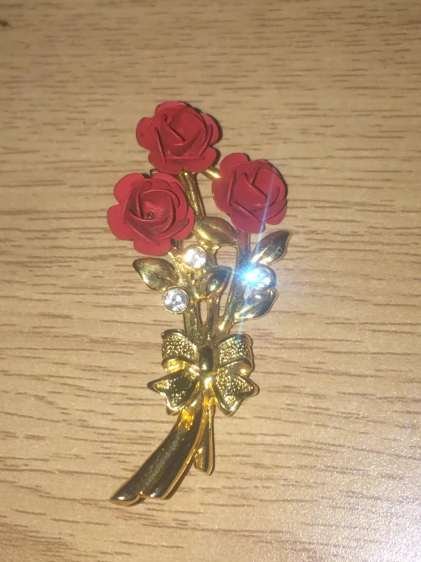 Gold Tone Red Rose Brooch with Rhinestones Fashion Jewelry Estate 80s