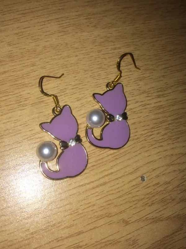 Cat Enamel Gold Plated 925 Sterling Silver Earrings with CZ Diamond and Pearl