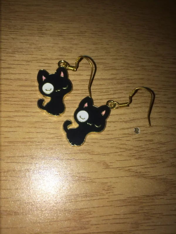 Black Cat Enamel Gold Tone/Plated/Color 925 Sterling Silver Dangle/Drop Earrings