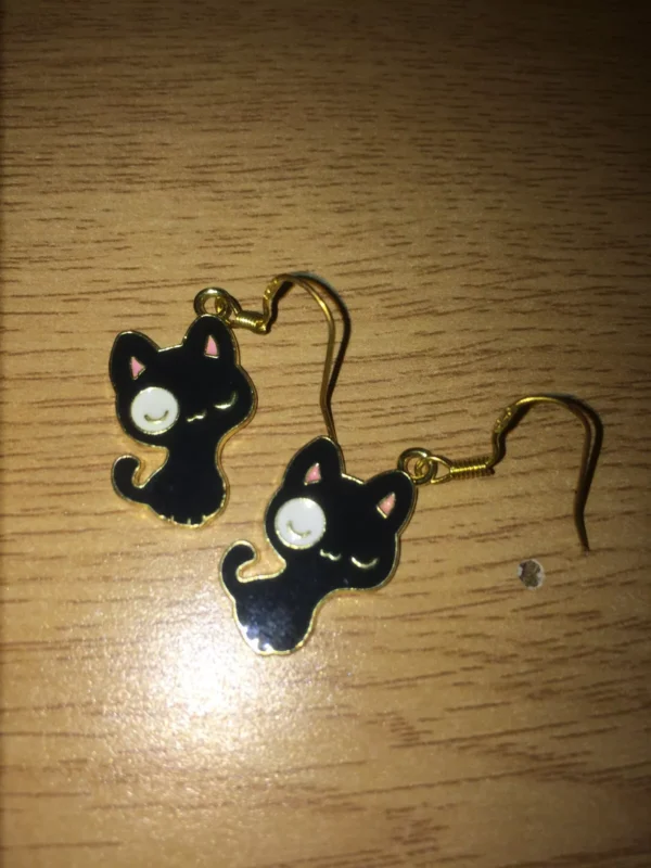 Black Cat Enamel Gold Tone/Plated/Color 925 Sterling Silver Dangle/Drop Earrings - Image 3