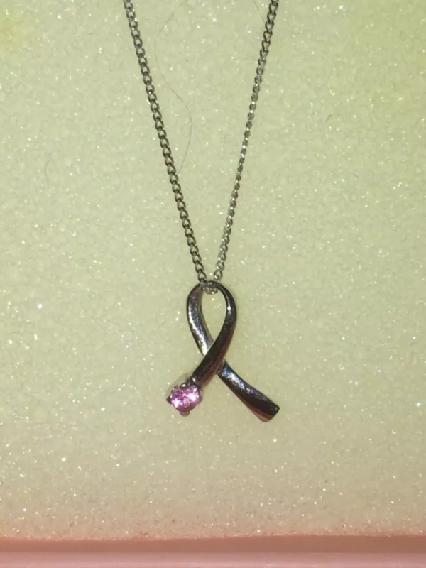 9ct White Gold Cable Chain Link Necklace & Awareness Ribbon Pendant with Pink CZ - Image 2