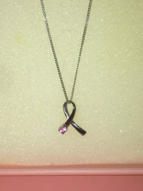 9ct White Gold Cable Chain Link Necklace & Awareness Ribbon Pendant with Pink CZ