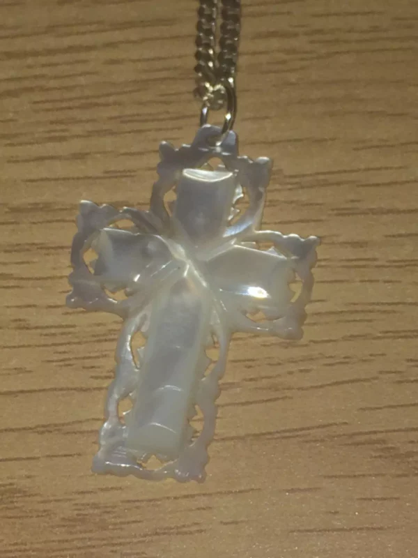 Vintage French Mother of Pearl Cross Pendant on 925 Sterling Silver Curb Chain - Image 2