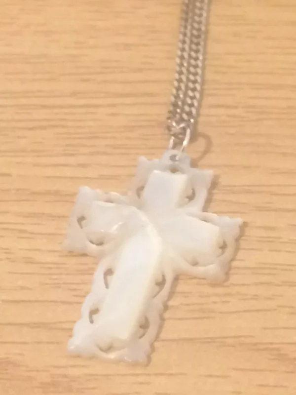 Vintage French Mother of Pearl Cross Pendant on 925 Sterling Silver Curb Chain