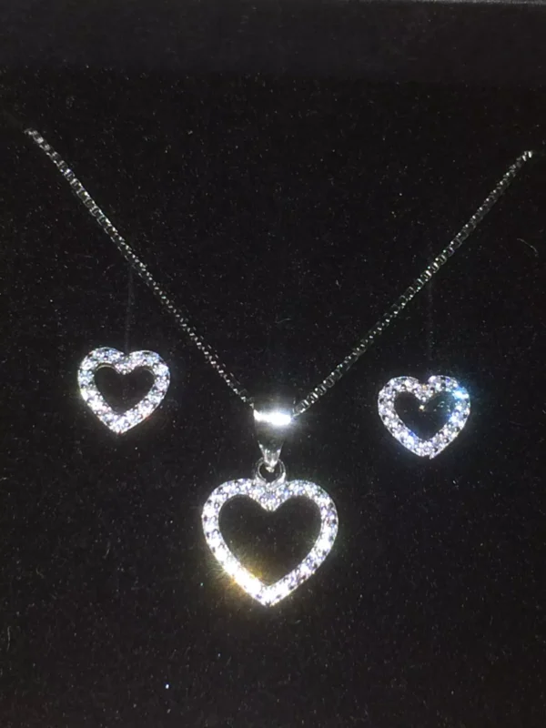 Italy 925 Sterling Silver Box Chain with Heart Pendant & Earrings with CZ Stones