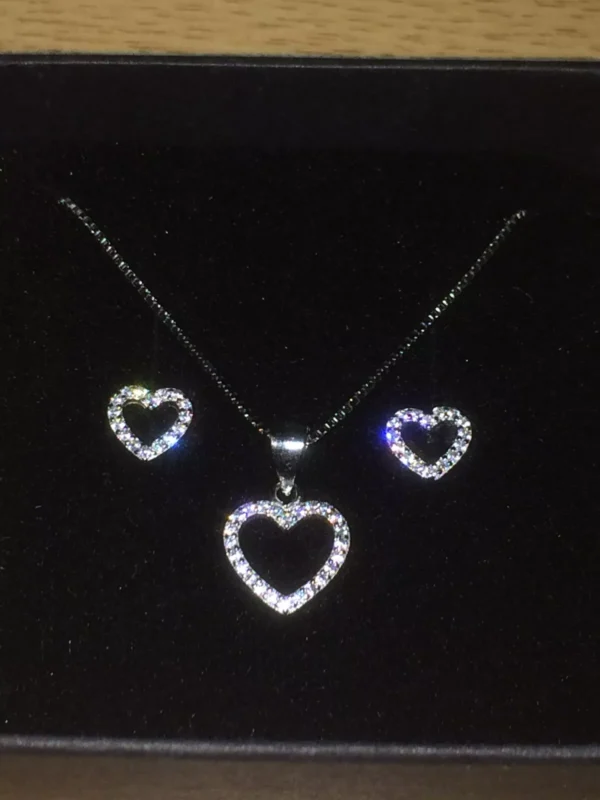 Italy 925 Sterling Silver Box Chain with Heart Pendant & Earrings with CZ Stones - Image 3