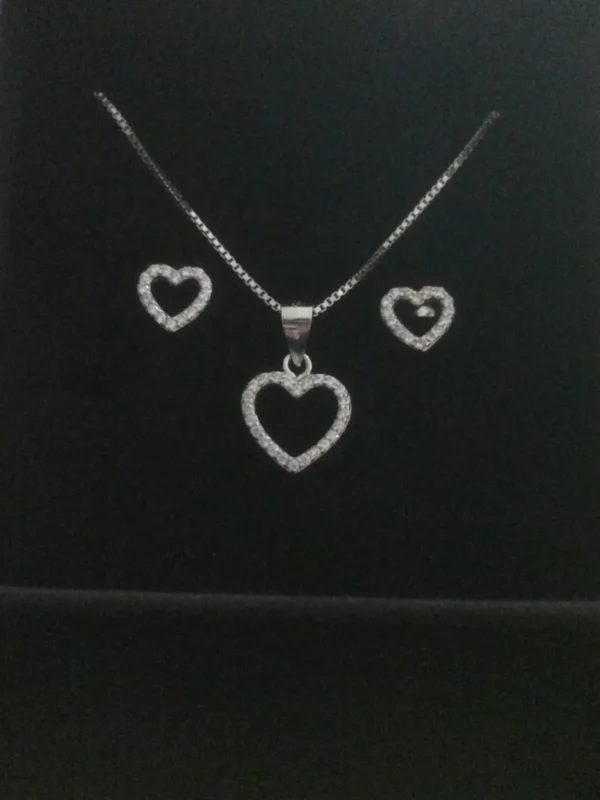 Italy 925 Sterling Silver Box Chain with Heart Pendant & Earrings with CZ Stones - Image 5